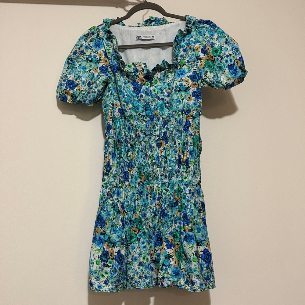 Zara | Blue Floral Smocked Mini Dress M
